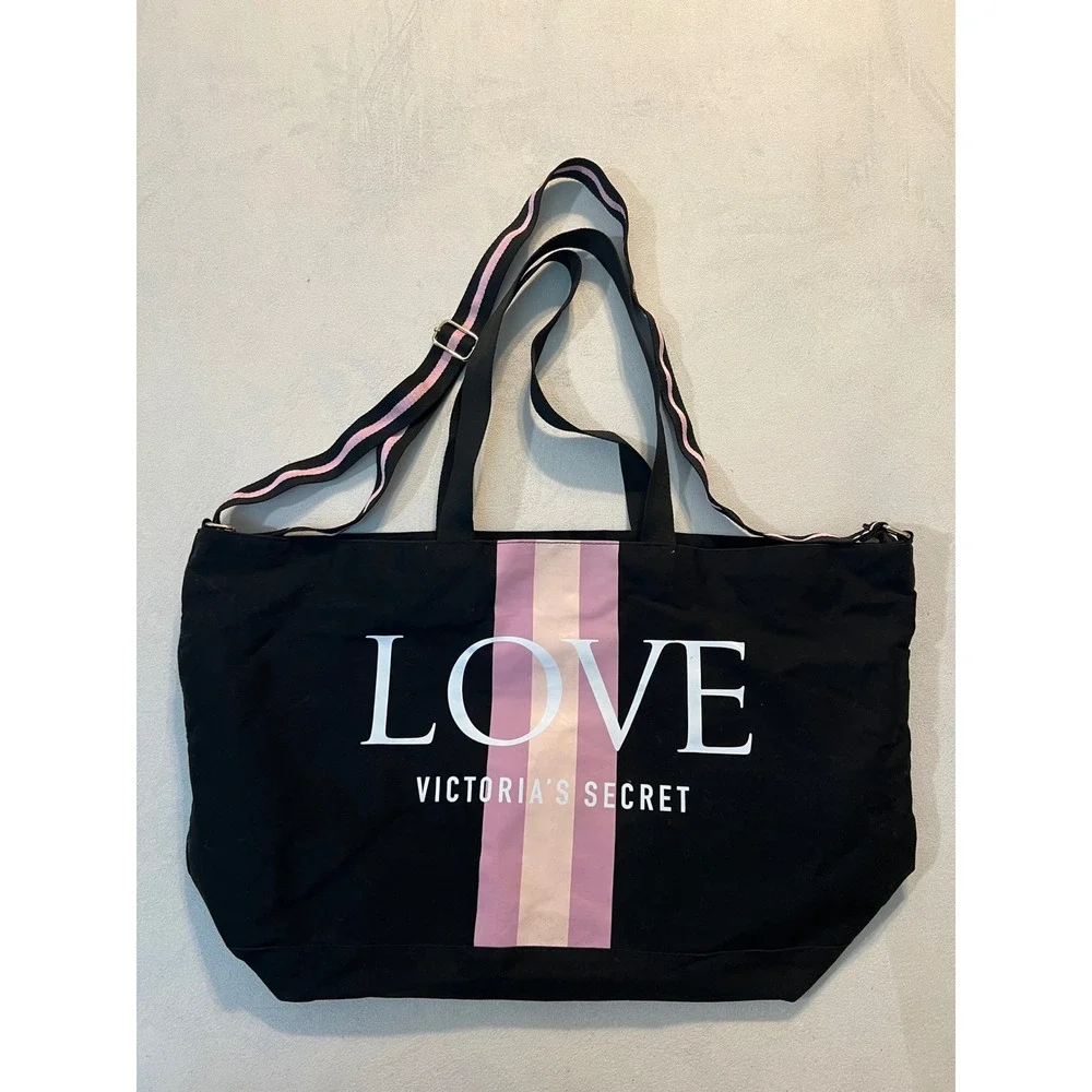 Victorias Secret LOVE Canvas Tote Bag Black Pink Striped Crossbody Travel Gym